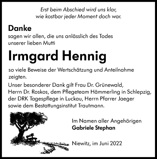 Traueranzeige von Irmgard Hennig von lausitzer_rundschau