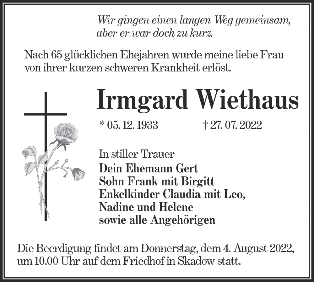  Traueranzeige für Irmgard Wiethaus vom 30.07.2022 aus lausitzer_rundschau