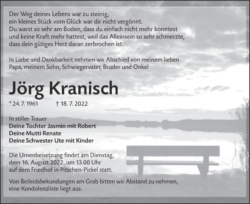  Traueranzeige für Jörg Kranisch vom 30.07.2022 aus lausitzer_rundschau