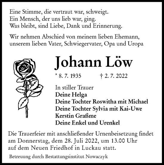 Traueranzeige von Johann Löw von lausitzer_rundschau