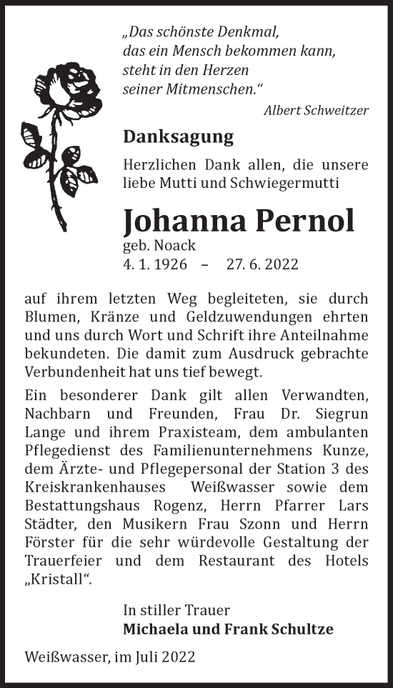 Traueranzeige von Johanna Pernol von lausitzer_rundschau