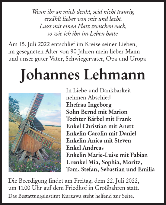 Traueranzeige von Johannes Lehmann von lausitzer_rundschau