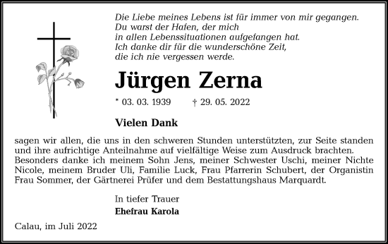 Traueranzeige von Jürgen Zerna von lausitzer_rundschau