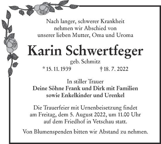Traueranzeige von Karin Schwertfeger von lausitzer_rundschau