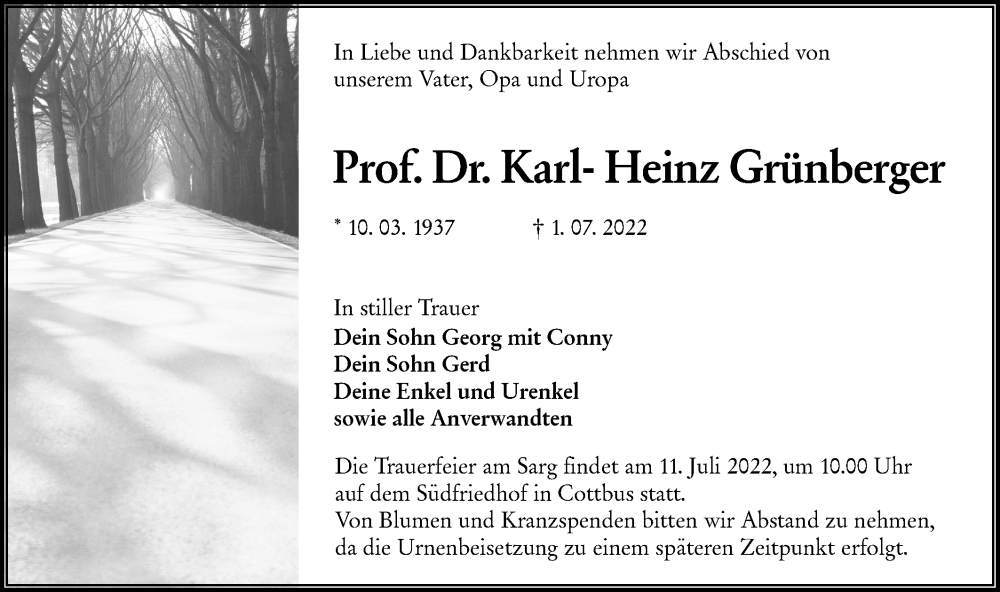  Traueranzeige für Karl-Heinz Grünberger vom 09.07.2022 aus lausitzer_rundschau