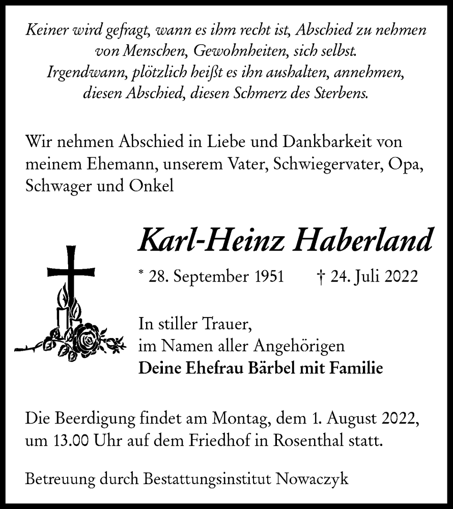  Traueranzeige für Karl-Heinz Haberland vom 27.07.2022 aus lausitzer_rundschau
