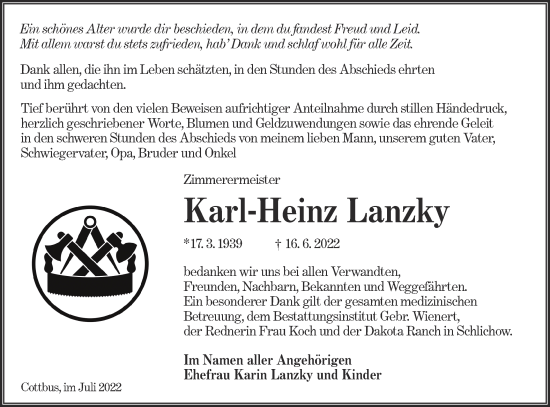 Traueranzeige von Karl-Heinz Lanzky von lausitzer_rundschau