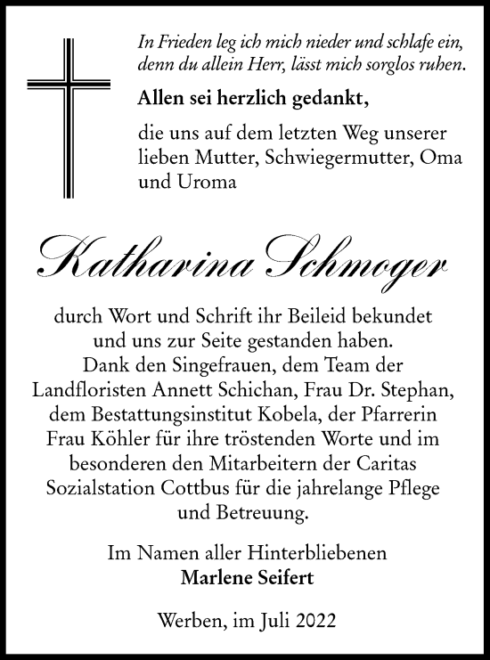Traueranzeige von Katharina Schmoger von lausitzer_rundschau