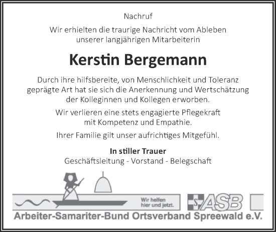 Traueranzeige von Kerstin Bergemann von lausitzer_rundschau
