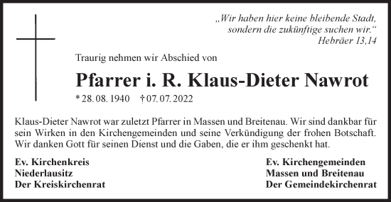 Traueranzeige von Klaus-Dieter Nawrot von lausitzer_rundschau