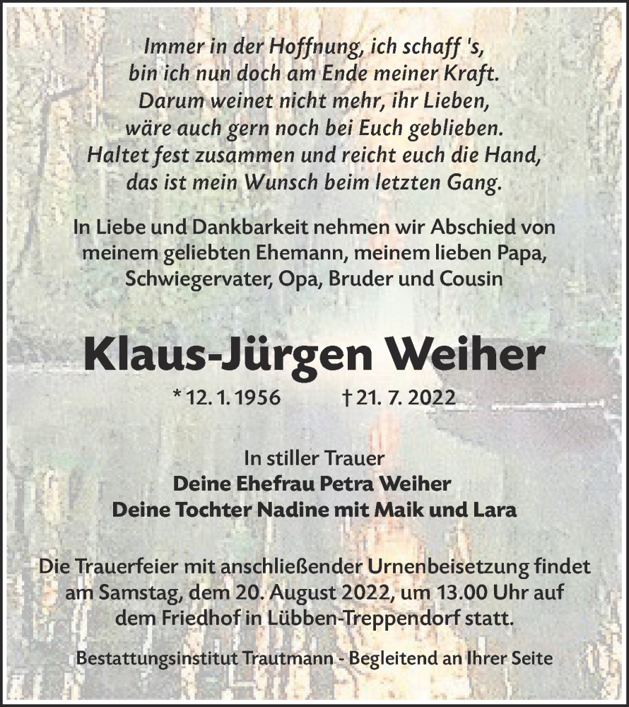  Traueranzeige für Klaus-Jürgen Weiher vom 30.07.2022 aus lausitzer_rundschau