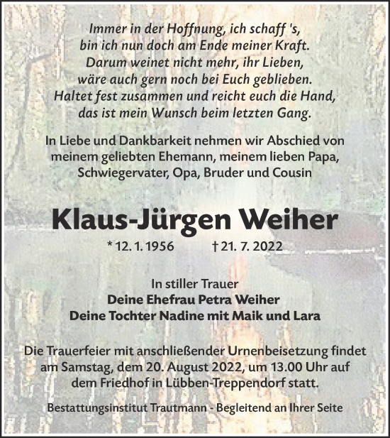 Traueranzeige von Klaus-Jürgen Weiher von lausitzer_rundschau