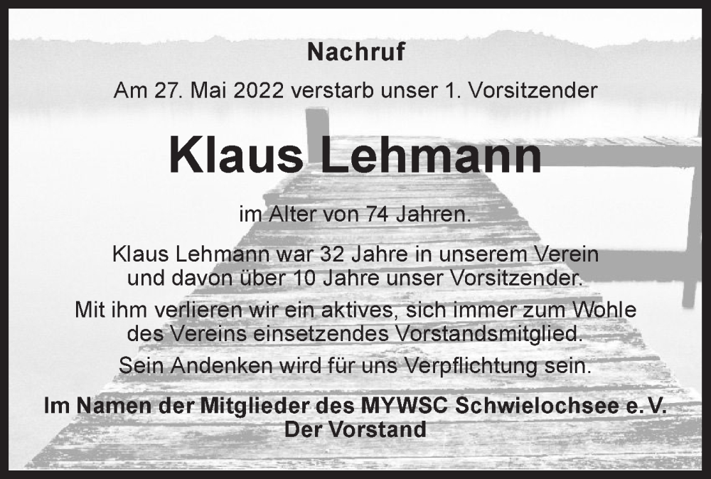  Traueranzeige für Klaus Lehmann vom 02.07.2022 aus lausitzer_rundschau