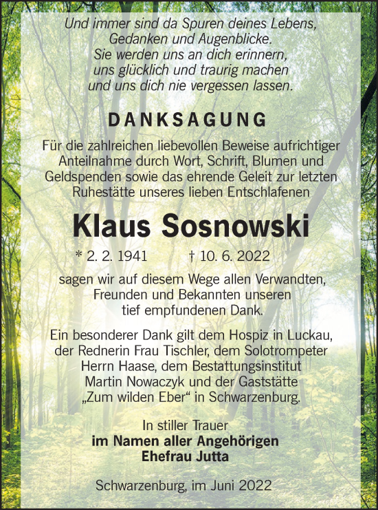 Traueranzeige von Klaus Sosnowski von lausitzer_rundschau