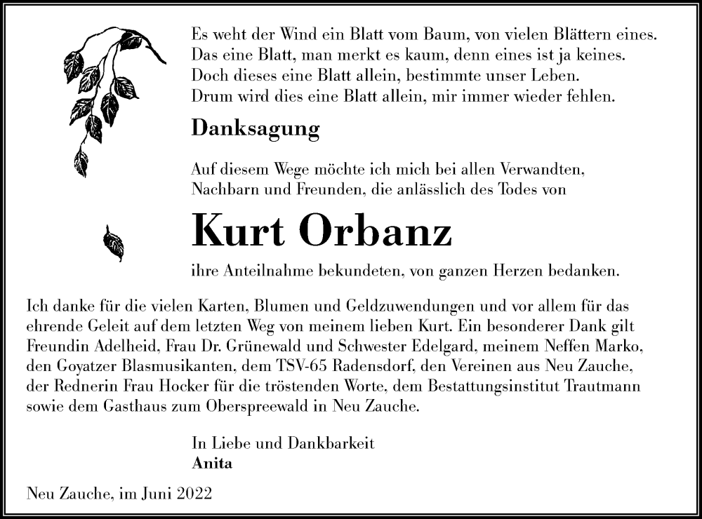  Traueranzeige für Kurt Orbanz vom 09.07.2022 aus lausitzer_rundschau