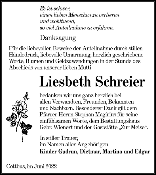 Traueranzeige von Liesbeth Schreier von lausitzer_rundschau