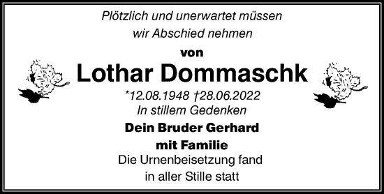 Traueranzeige von Lothar Dommaschk von lausitzer_rundschau