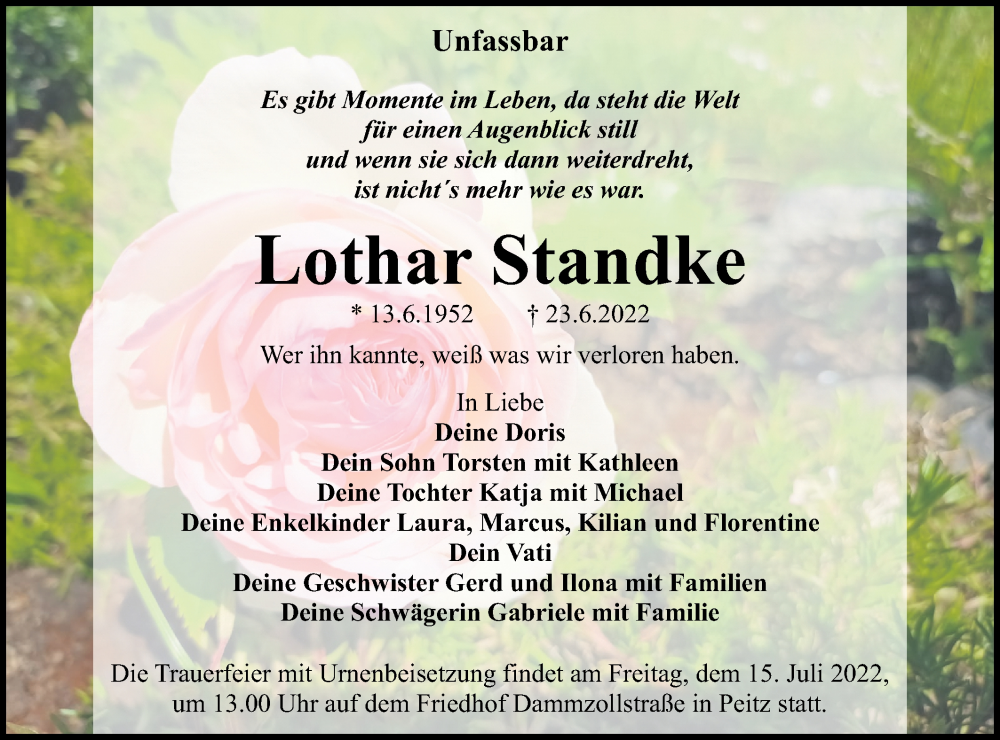  Traueranzeige für Lothar Standke vom 02.07.2022 aus lausitzer_rundschau