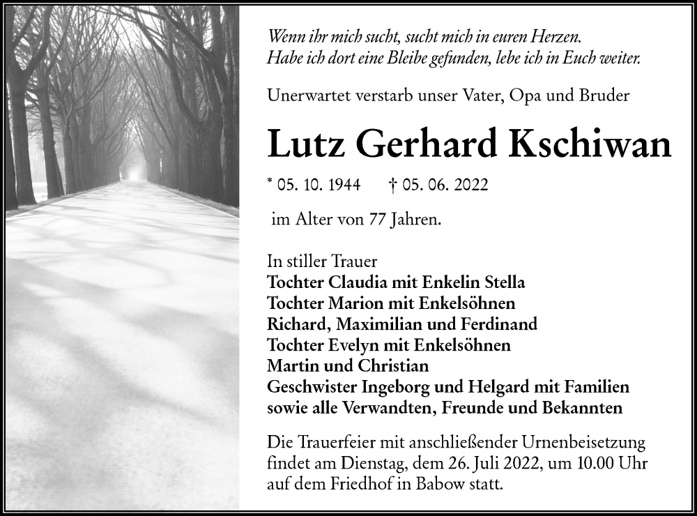  Traueranzeige für Lutz Gerhard Kschiwan vom 16.07.2022 aus lausitzer_rundschau