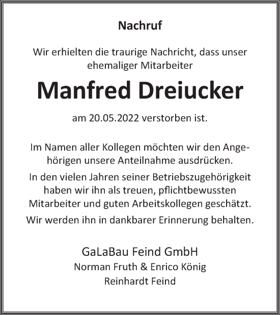 Traueranzeige von Manfred Dreiucker von lausitzer_rundschau