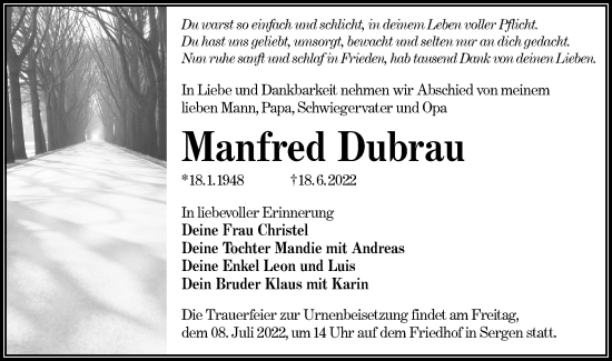 Traueranzeige von Manfred Dubrau von lausitzer_rundschau