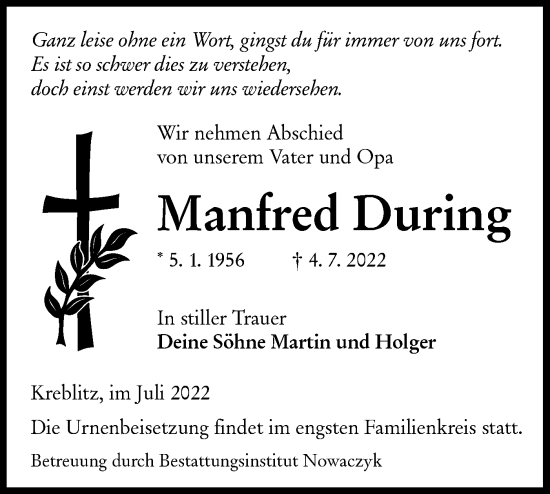 Traueranzeige von Manfred During von lausitzer_rundschau