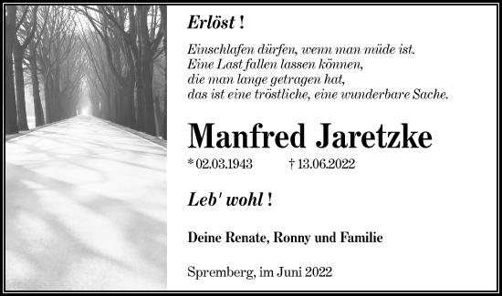 Traueranzeige von Manfred Jaretzke von lausitzer_rundschau