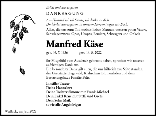 Traueranzeige von Manfred Käse von lausitzer_rundschau
