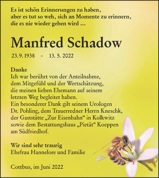 Traueranzeige von Manfred Schadow von lausitzer_rundschau