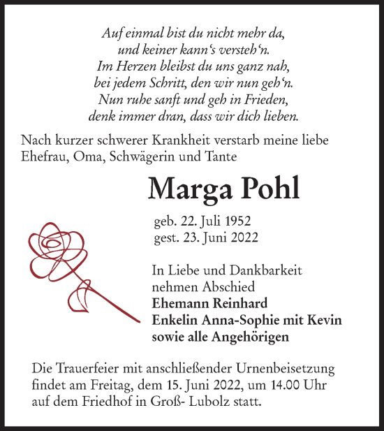 Traueranzeige von Marga Pohl von lausitzer_rundschau