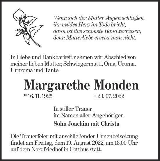 Traueranzeige von Margarethe Monden von lausitzer_rundschau