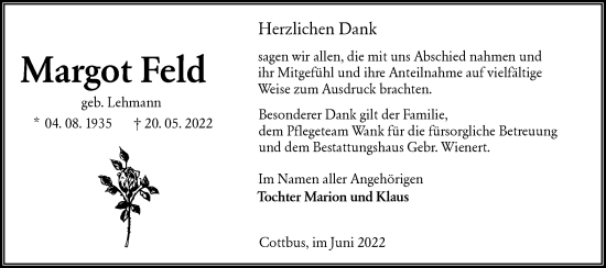 Traueranzeige von Margot Feld von lausitzer_rundschau