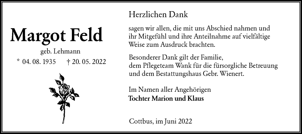  Traueranzeige für Margot Feld vom 02.07.2022 aus lausitzer_rundschau