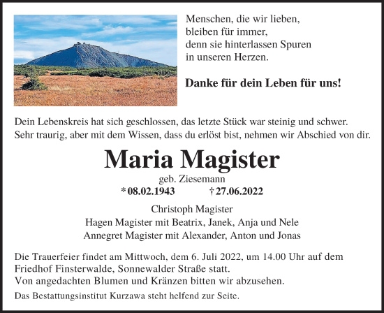 Traueranzeige von Maria Magister von lausitzer_rundschau