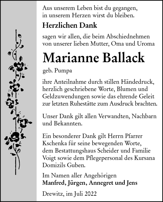 Traueranzeige von Marianne Ballack von lausitzer_rundschau