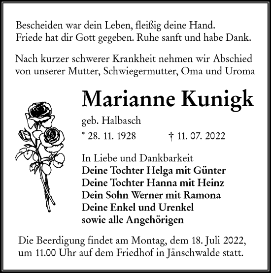 Traueranzeige von Marianne Kunigk von lausitzer_rundschau
