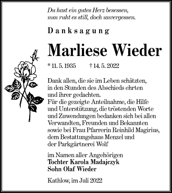 Traueranzeige von Marliese Wieder von lausitzer_rundschau