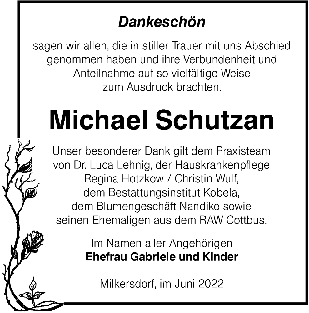  Traueranzeige für Michael Schutzan vom 02.07.2022 aus lausitzer_rundschau