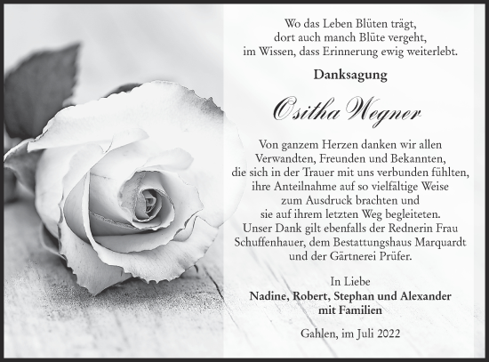 Traueranzeige von Ositha Wegner von lausitzer_rundschau