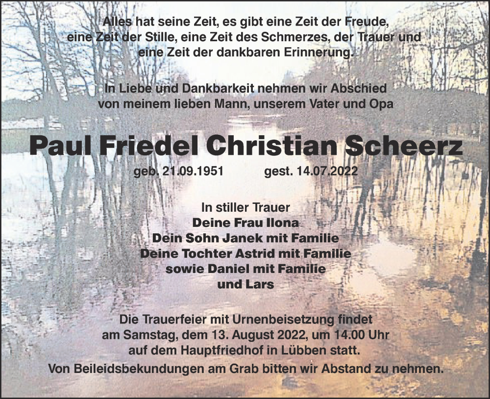  Traueranzeige für Paul Friedel Christian Scheerz vom 27.07.2022 aus lausitzer_rundschau
