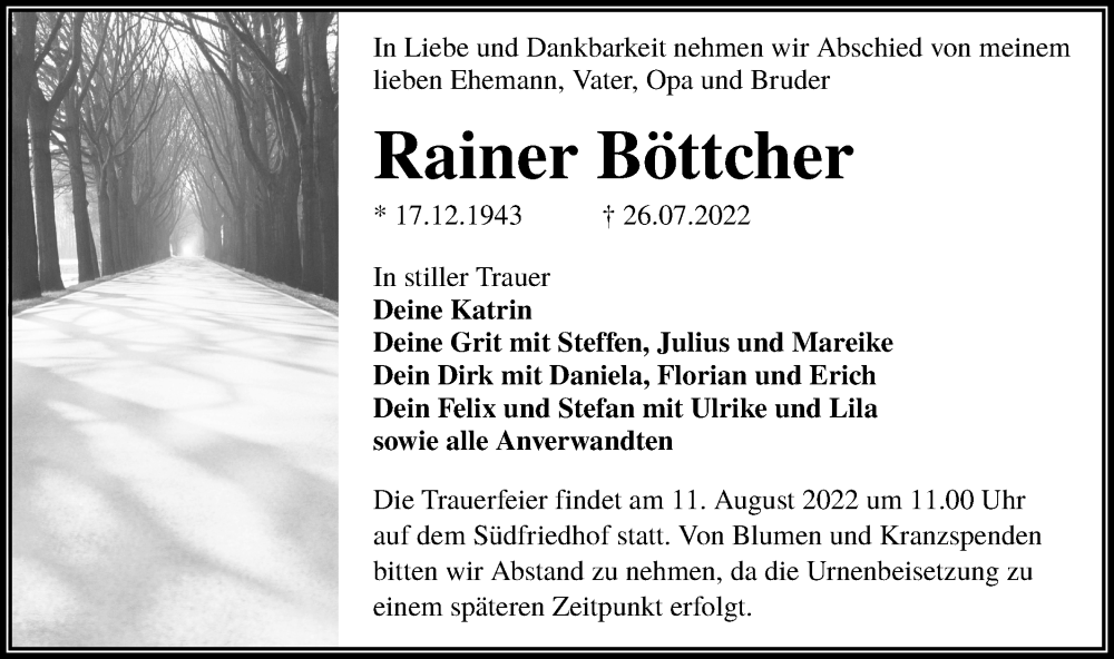  Traueranzeige für Rainer Böttcher vom 30.07.2022 aus lausitzer_rundschau