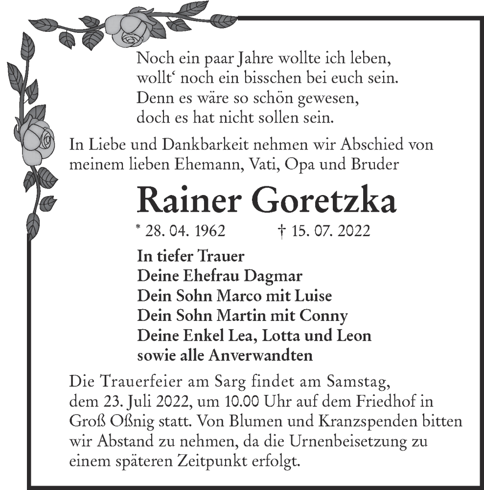  Traueranzeige für Rainer Goretzka vom 20.07.2022 aus lausitzer_rundschau