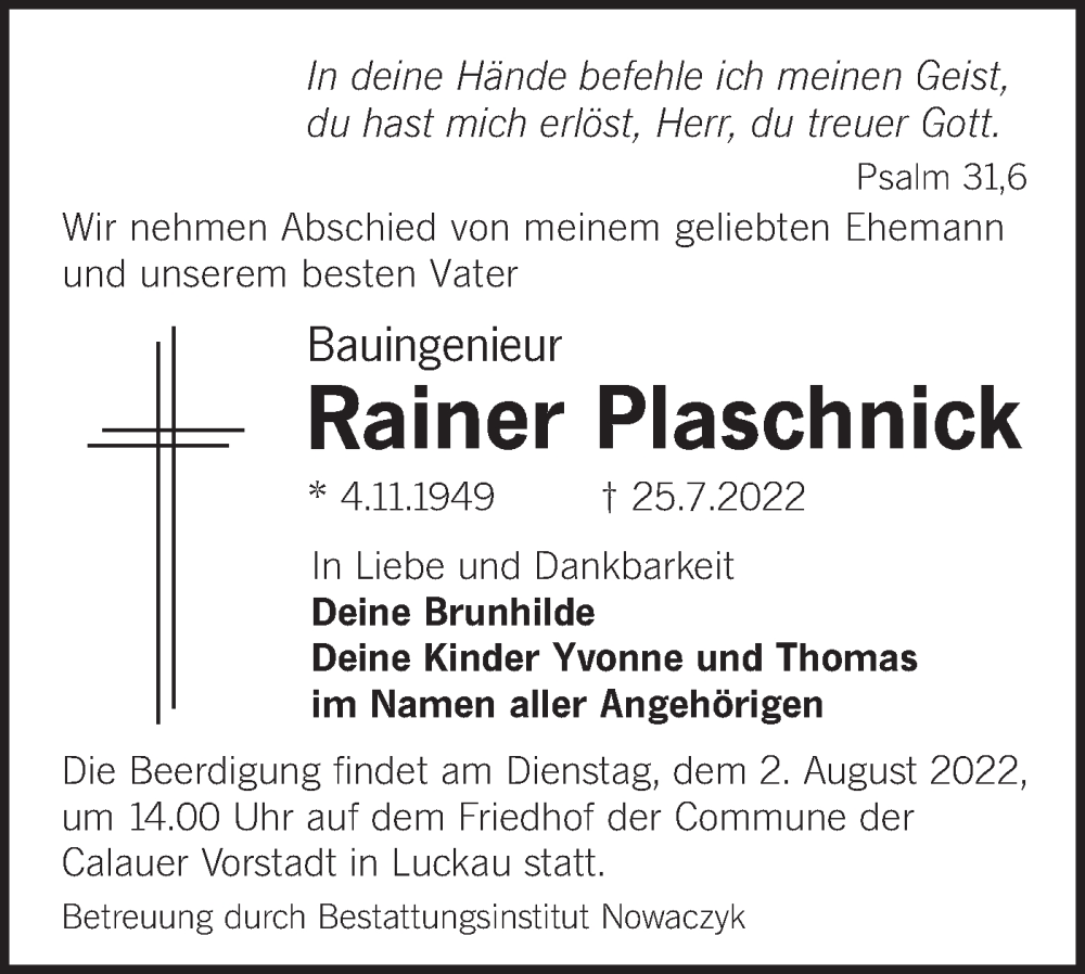  Traueranzeige für Rainer Plaschnick vom 29.07.2022 aus lausitzer_rundschau