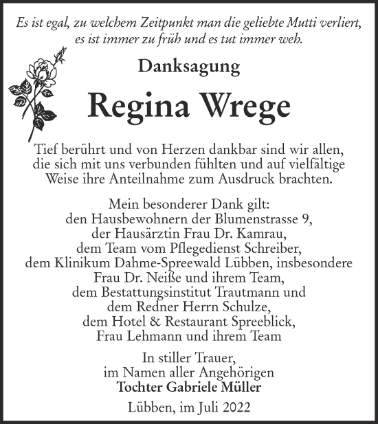 Traueranzeige von Regina Wrege von lausitzer_rundschau