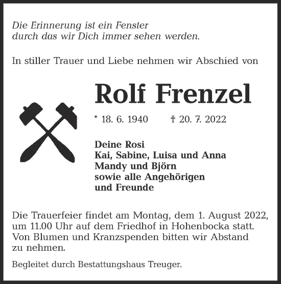 Traueranzeige von Rolf Frenzel von lausitzer_rundschau
