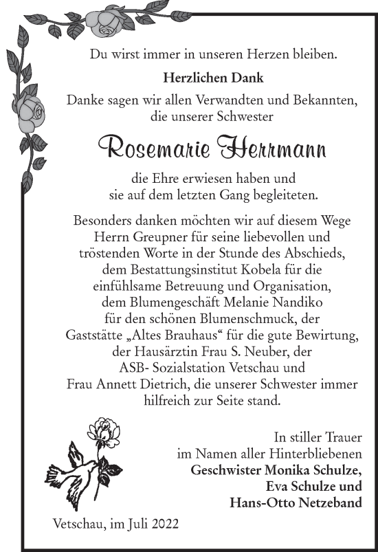 Traueranzeige von Rosemarie Herrmann von lausitzer_rundschau