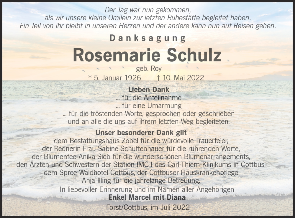 Traueranzeige für Rosemarie Schulz vom 02.07.2022 aus lausitzer_rundschau