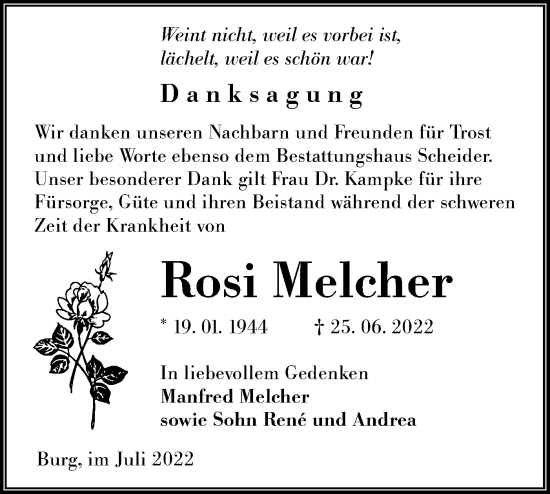 Traueranzeige von Rosi Melcher von lausitzer_rundschau