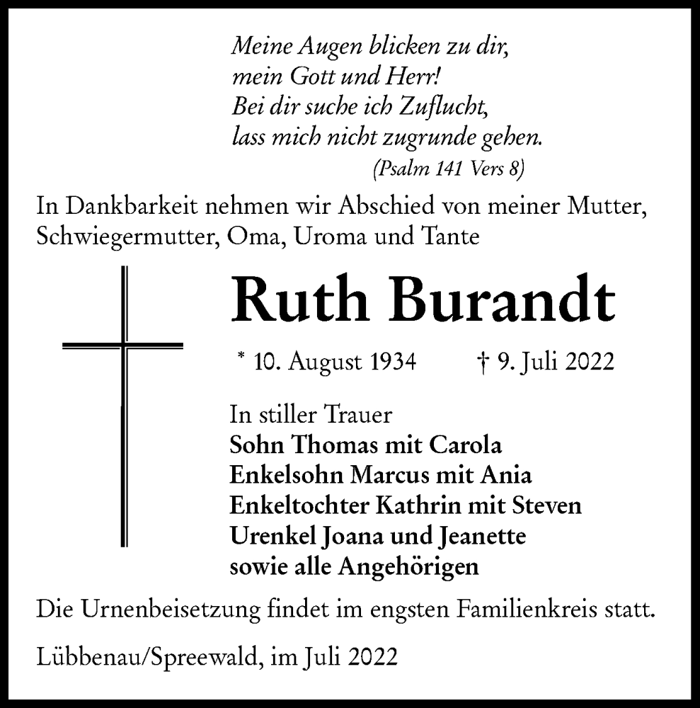  Traueranzeige für Ruth Burandt vom 16.07.2022 aus lausitzer_rundschau