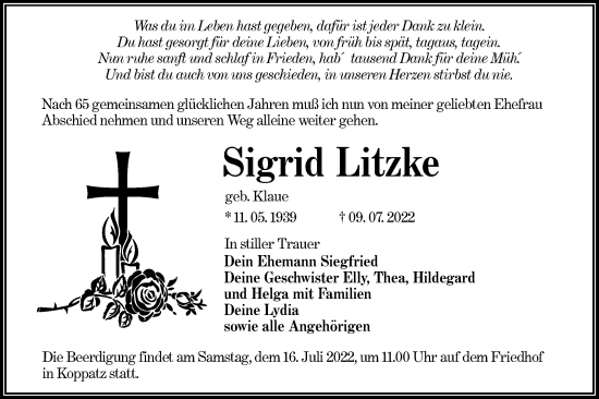 Traueranzeige von Sigrid Litzke von lausitzer_rundschau